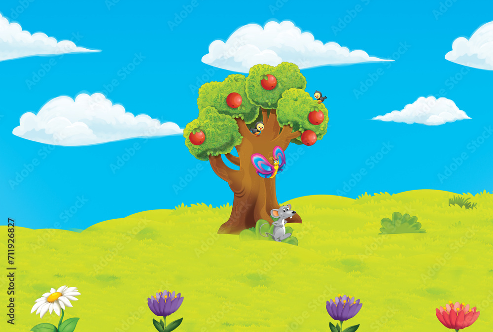 cartoon scene with farm ranch garden and animals on beautiful day illustration for children