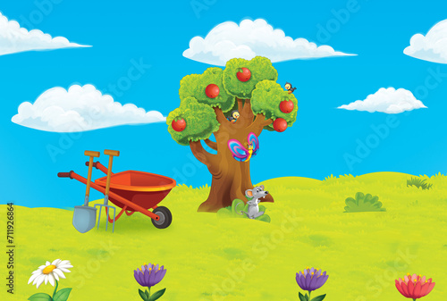 cartoon scene with farm ranch garden and animals on beautiful day illustratio...