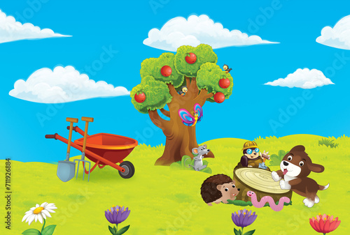 Fototapeta Naklejka Na Ścianę i Meble -  cartoon scene with farm ranch garden and animals on beautiful day illustration for children