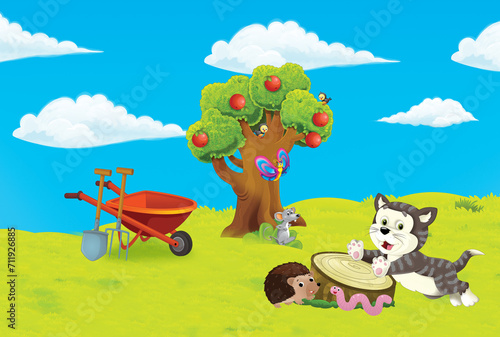 cartoon scene with farm ranch garden and animals on beautiful day illustratio...