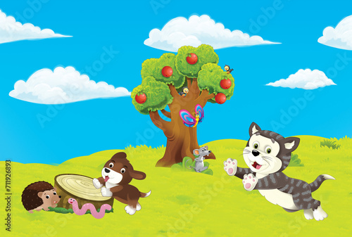 cartoon scene with farm ranch garden and animals on beautiful day illustratio...