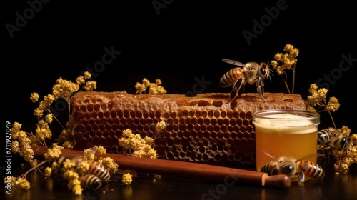 Honeycombs with honey and honeycombs on black background