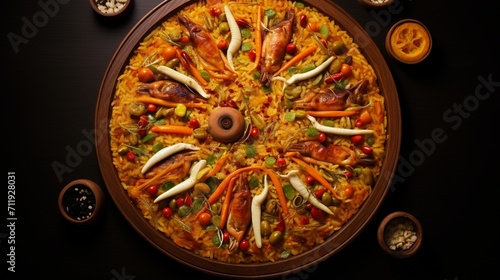 A creative composition featuring a Chicken Paella arranged in a circular pattern, emphasizing the artistry in the presentation
