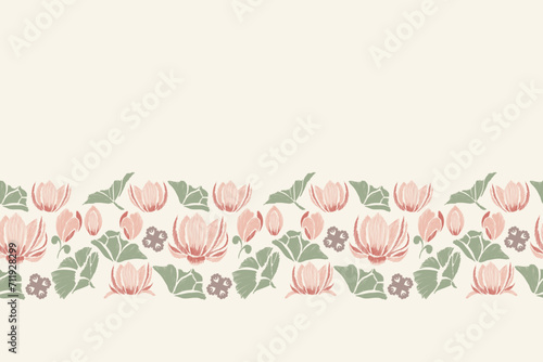 Floral Ikat pattern seamless paisley embroidery with pink lotus flower motifs background border frame. Ethnic pattern oriental traditional style. Ikat pattern seamless vector illustration design.