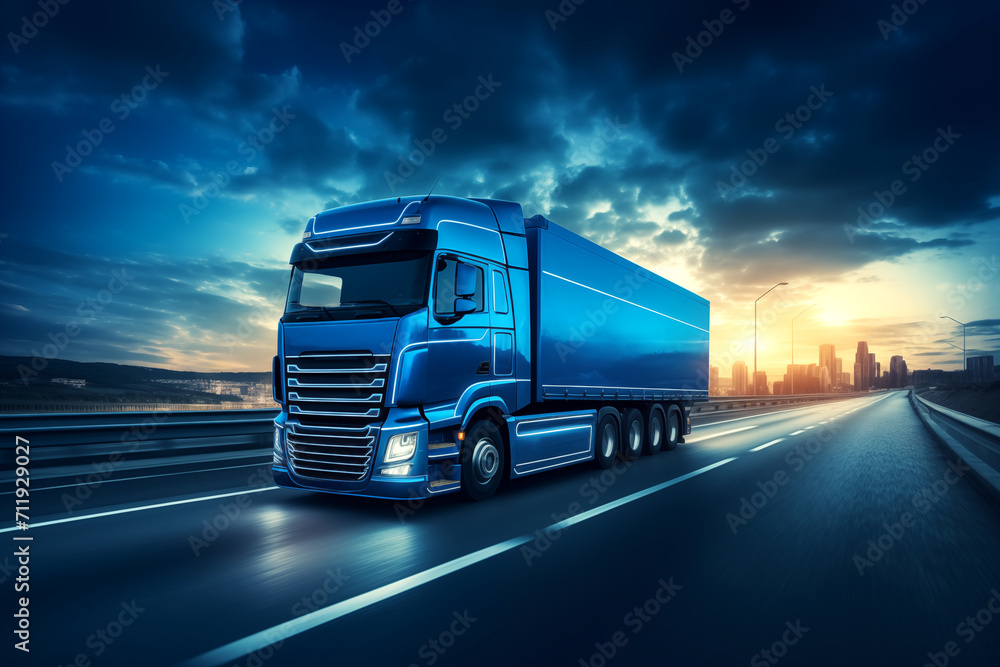 As truck with trailer container travels along an asphalt road at sunset, cargo is being transported AI Generation