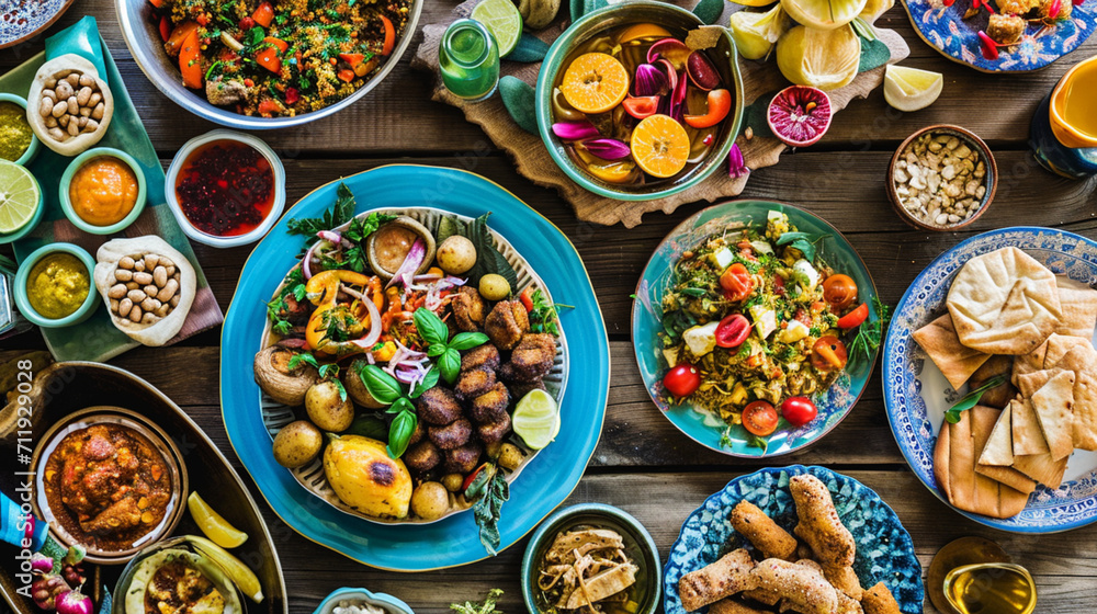 Ramadan kareem Iftar party table with assorted festive traditional Arab dishes. AI Generative - obrazy, fototapety, plakaty 
