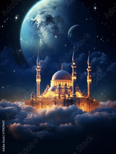 Beautiful Mosque flying through the clouds in the night sky. The moon creates light. The Milky Way begins to appear. copy space - generative ai © Nia™