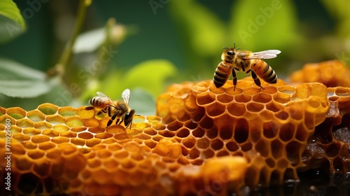 Honey bee on a honeycomb with red berries and green leaves