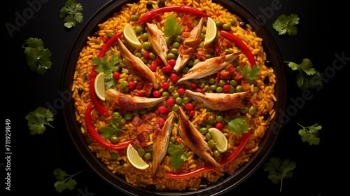 A creative composition featuring a Chicken Paella arranged in a geometric pattern, adding a modern touch to the traditional dish