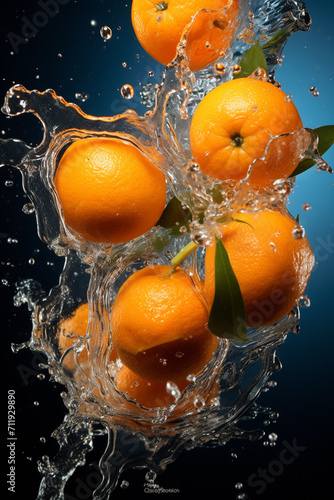 Tangerines and oranges with leaves in splashes of water on a black background. Generative AI.