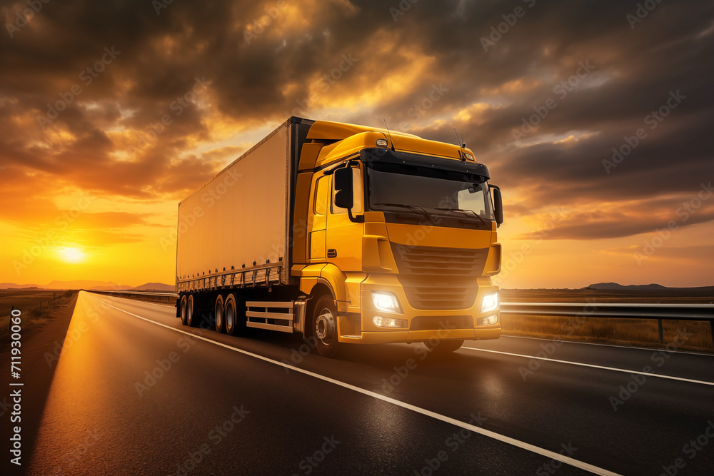 As sun sets, a semi truck trailer container are seen on highway asphalt road transporting cargo AI Generation