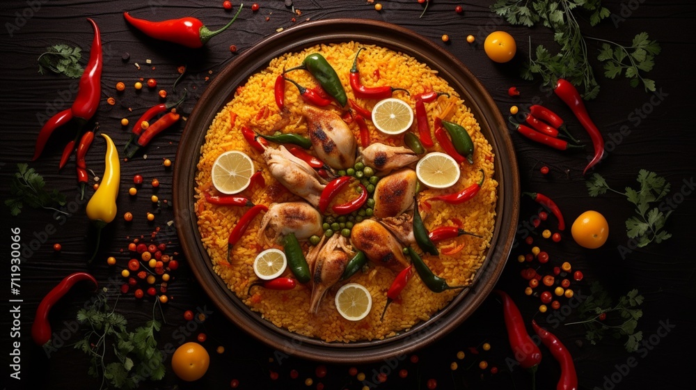 A creative composition featuring a Chicken Paella arranged in a circular pattern, emphasizing the artistry in the presentation