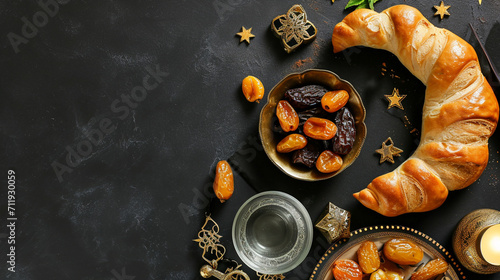 Muslim Ramadan Kareem with dates fruits arranged in shape of crescent moon, water. AI Generative
