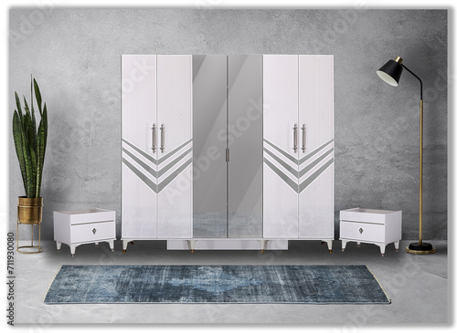Fotografie Gray room decoration with a very beautiful white mirrored wardrobe from the fron