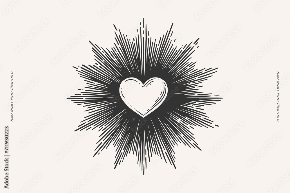Heart in sparkling rays on a light background. A symbol of romantic and ...