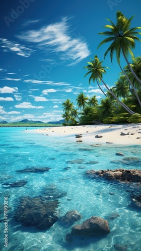 Tranquil Beach Scenery with Coconut Trees and Crystal Clear Water