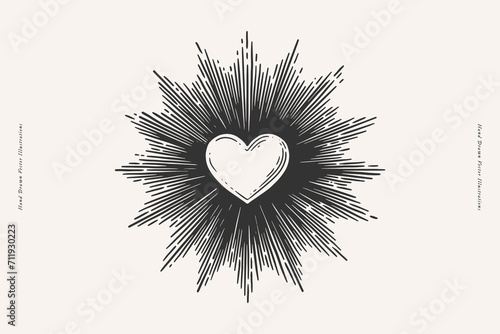 Heart in sparkling rays on a light background. A symbol of romantic and passionate love in engraving style. Vector illustration.
