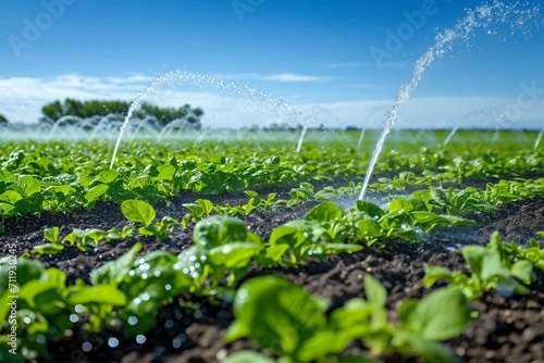 watering crops at the field agriculture under a bright blue sky 