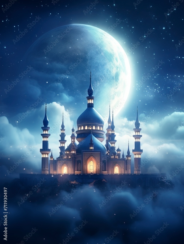 Beautiful Mosque flying through the clouds in the night sky. The moon creates light. The Milky Way begins to appear. copy space - generative ai