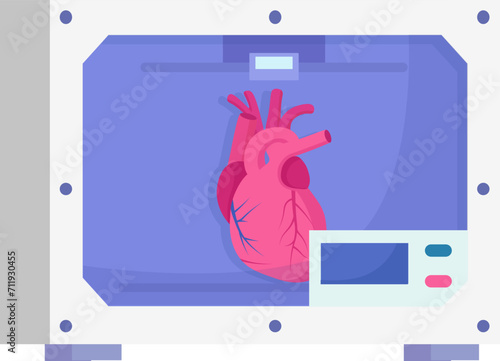 Human heart inside a 3D printer. Medical technology and futuristic healthcare concept. Organ printing and regenerative medicine vector illustration.