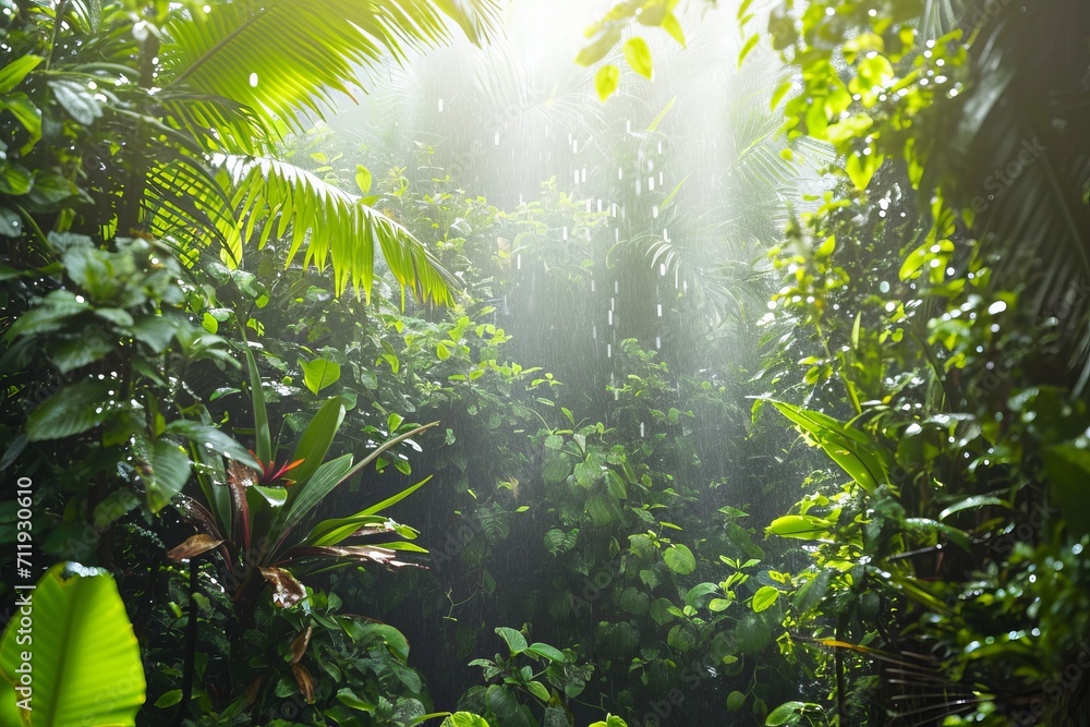 rain in tropical rainforest with backlit green plants and water and sunrays rain in tropical rainforest with backlit green plants and water and sunrays