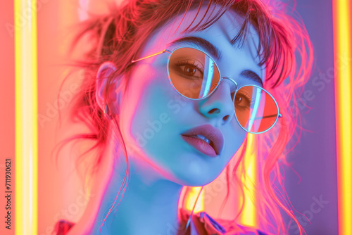 Girl portrait, neon colors, people concept, generative ai