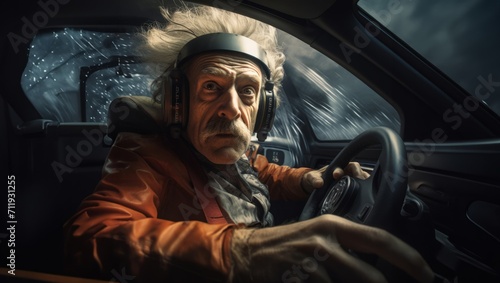 In a peculiar scene, a quirky man speeds in a hypersonic car, embodying a fusion of eccentricity and cutting edge automotive technology. Generated image photo