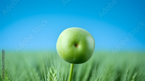 Des épis de blé vert jeune en gros plan, avec un ciel bleu clair en arrière-plan.