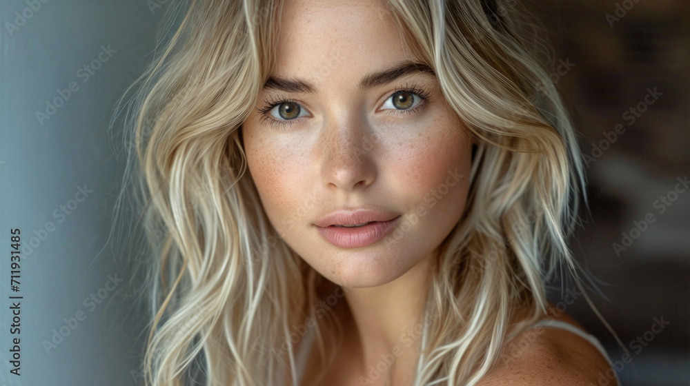 Fototapeta premium A studio portrait of a young blond fashion model with a flawless complexion, long wavy blond hair and full lips. Cosmetics and skin care.