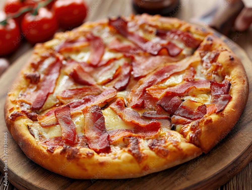 bacon strips pizza served on a wooden cutting board . generative ai