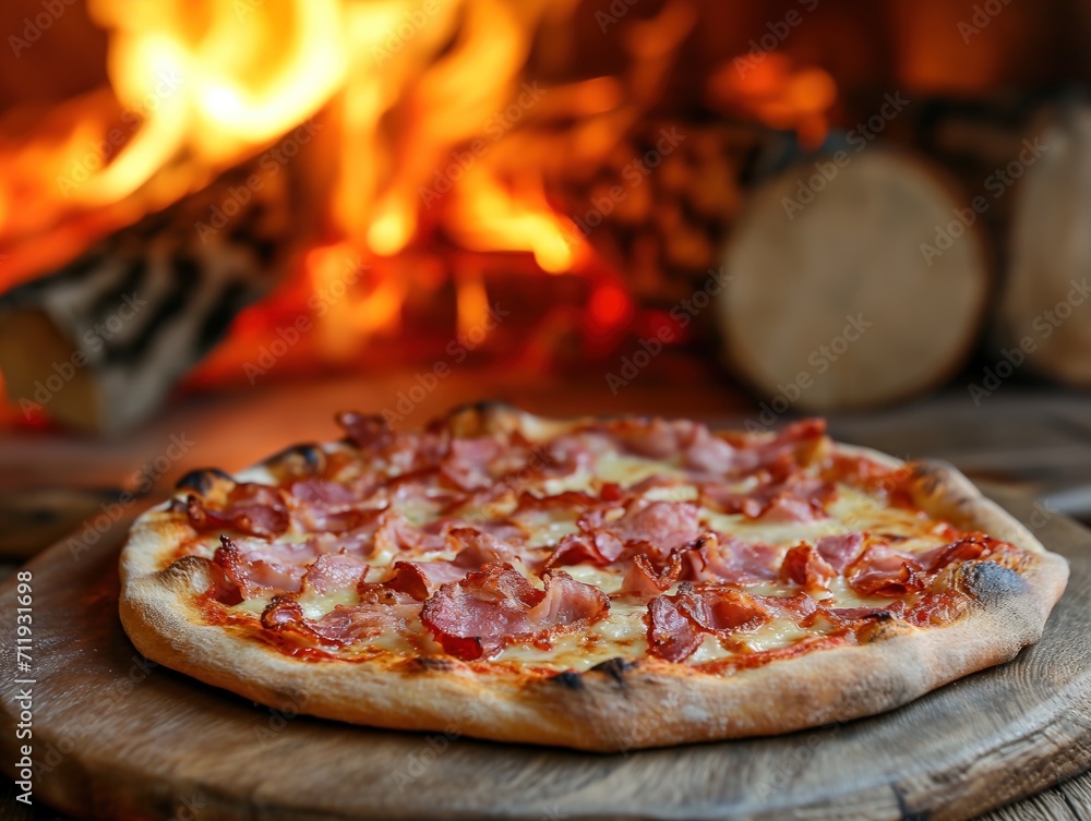 bacon strips pizza served infront of burning logs . generative ai