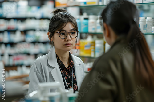 Shot of a cheerful young female pharmacist giving a customer prescription meds over the counter in a pharmacy. photo