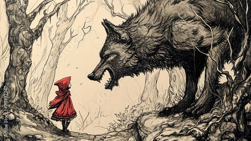 Little Red Riding Hood staring down the big, bad wolf