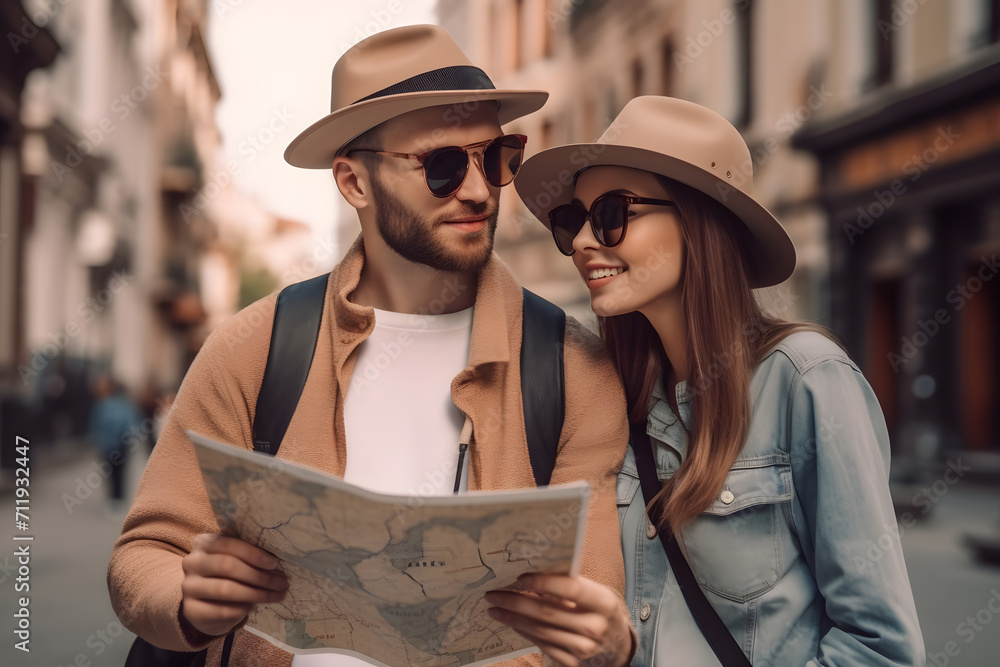 Happy couple tourists sightseeing city with map