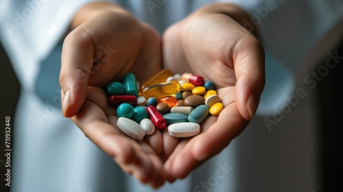 Close-up of various colorful capsules and pills cradled in open doctor's hands, suggesting healthcare and medicine management