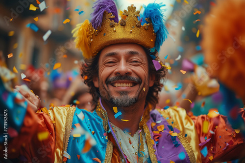 Prince Costume, Carnival and Birthday Party King, Man Celebrating on the Streets of the Festival with Confetti and Colors, Smiling with a Crown and Feathers