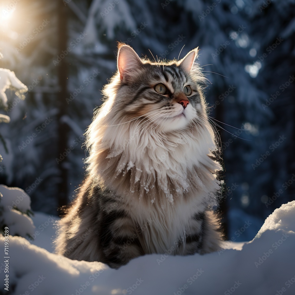 A Norwegian forest cat in a majestic creation of nature on winter day. Norwegian cat with thick, silky fur and keen intelligence in the wild. A Norwegian forest cat in a majestic creation of nature on winter day. Norwegian cat with thick, silky fur and keen intelligence in the wild.