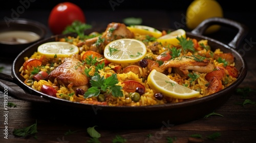 A detailed shot of a Chicken Paella garnished with fresh herbs and lemon wedges, adding a burst of color and flavor to the dish