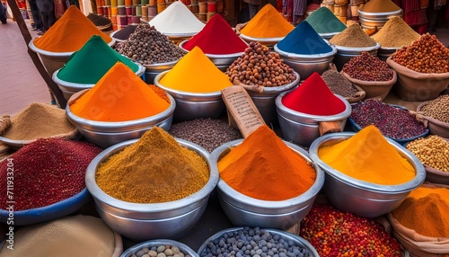 Moroccan spice stall in Marrakech market, Morocco Colorful spices and dyes found at asian or african market Vast array of fresh Moroccan exotic herbs and spices at a market stall