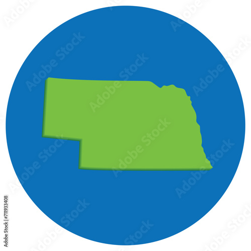 Nebraska state map in globe shape green with blue round circle color. Map of the U.S. state of Nebraska.