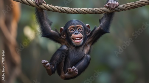 An illustration of happy baby Chimpanzee hanging out in the jungle photo