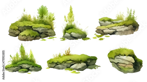 Watercolor stones with green moss ornament set. Hand drawn isolated on transparent background.