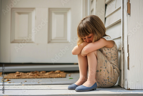 A young girl sat hugging her knees, head bowed, neck down, crying in front of the outside door. Children are sad and upset with their parents or orphans. Copy space. Soft focus and blurred. photo