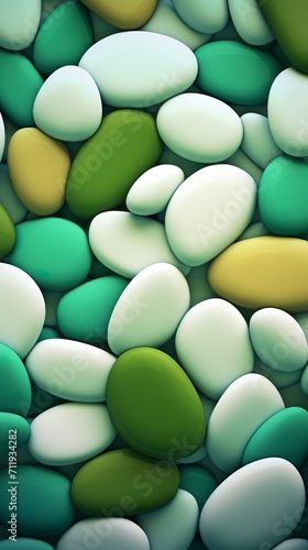A group of green and white stones in gradient color style. Set of smooth stones in white and green colors in digitally enhanced art. © Vagner Castro