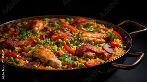 A detailed shot of a Chicken Paella with a focus on the crispy, caramelized edges of the rice and the succulent chicken pieces