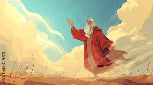 Cartoon depiction of prophet Elijah standing on a desert field with his right arm raised to the sky, with a background of clouds and dust behind him. Concepts of faith, religion, history and holiness. photo