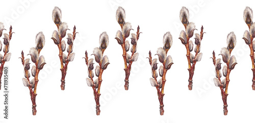 Seamless rim with watercolor willow on white background. Hand-drawn brown branch herb for spring Easter decor. Botanical antique bouquet illustration for wallpaper and florist. Nature border pattern
