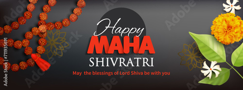 Greeting banner with rudraksha mala (beads), flowers and bilwa leaf for Maha Shivratri, a Hindu festival celebrated of Lord Shiva. Vector illustration. 