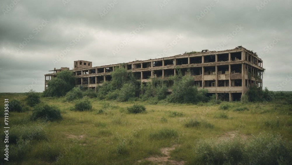 Landscape of an old building, ruined and abandoned for many years. Environment protection concept. Chaos, disaster and post war scenery idea. With copy space.	