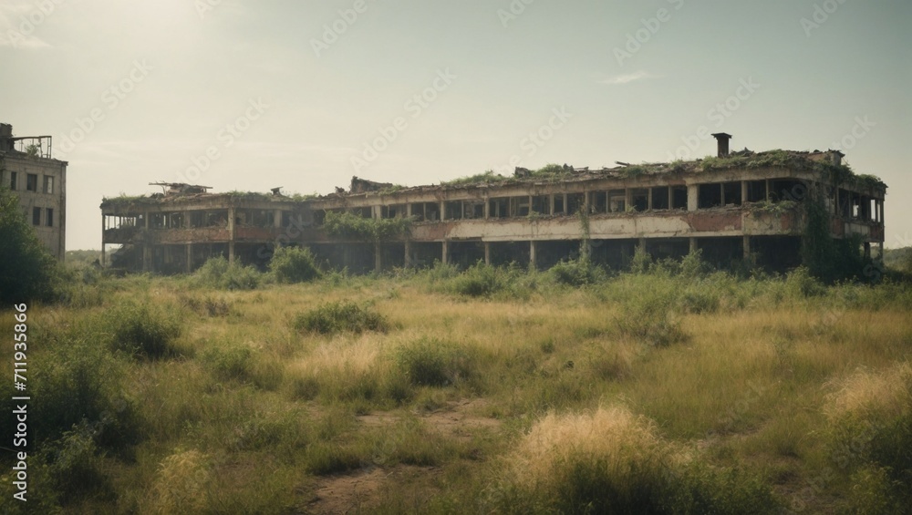 Landscape of an old building, ruined and abandoned for many years. Environment protection concept. Chaos, disaster and post war scenery idea. With copy space. Landscape of an old building, ruined and abandoned for many years. Environment protection concept. Chaos, disaster and post war scenery idea. With copy space.